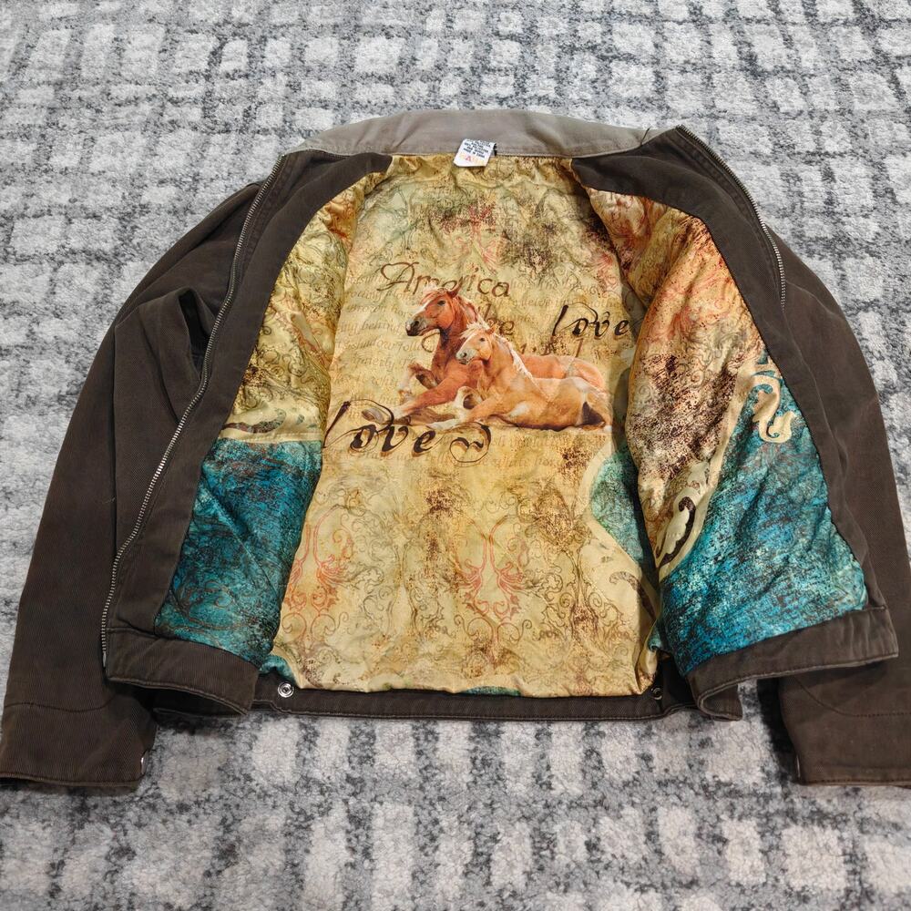 VTG Ethyl Women M Western Workwear Canvas Jacket Horse Print Lining Brown